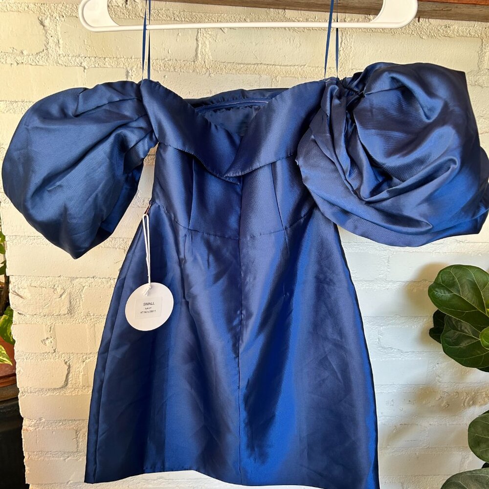 NWT Blue satin material formal off the shoulder mini dress